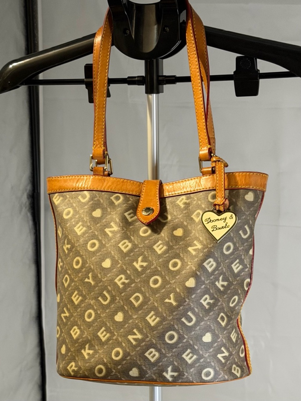Dooney & Bourke Brown & Cream Signature Logo Bucket Print Tote with Tan Trim